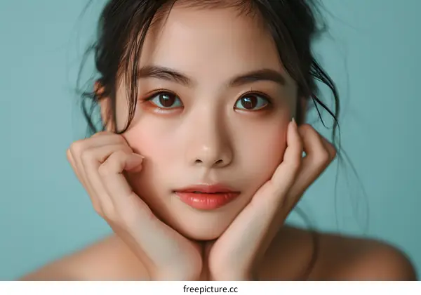 Portrait of a Young Asian Woman with Hands on Her Face