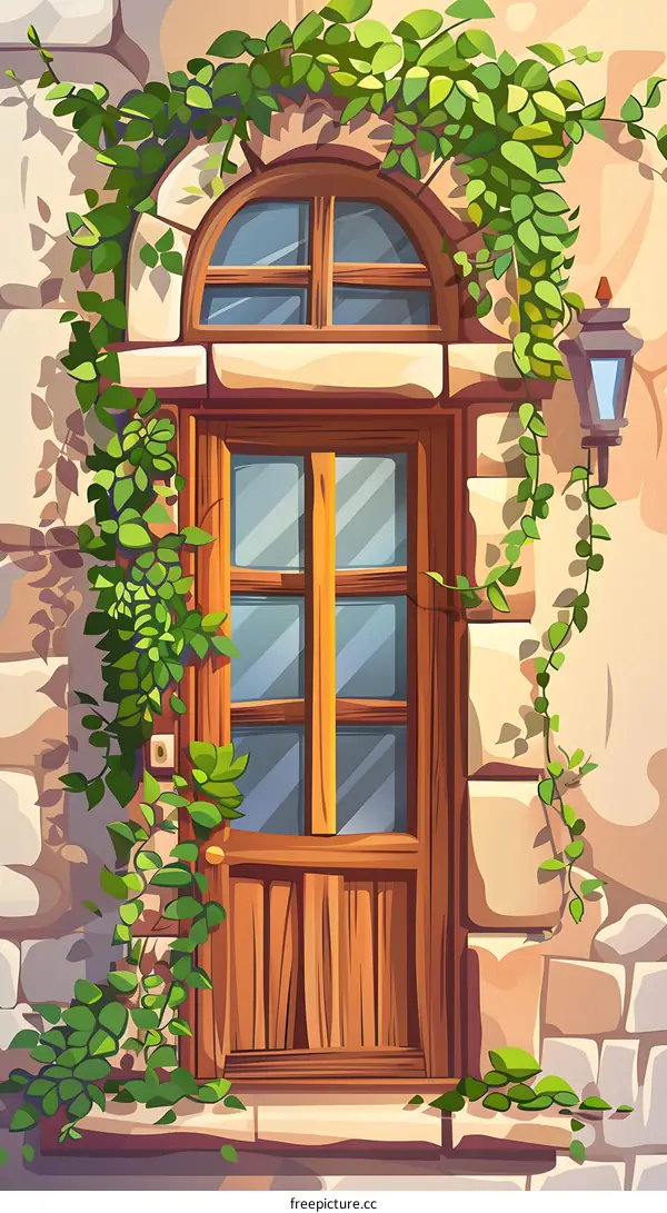 Wooden Door with Ivy and Stone Wall