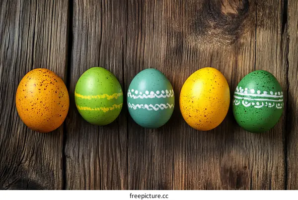 Easter Eggs Decorated on Wooden Background
