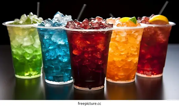 Five plastic cups of various beverages with ice