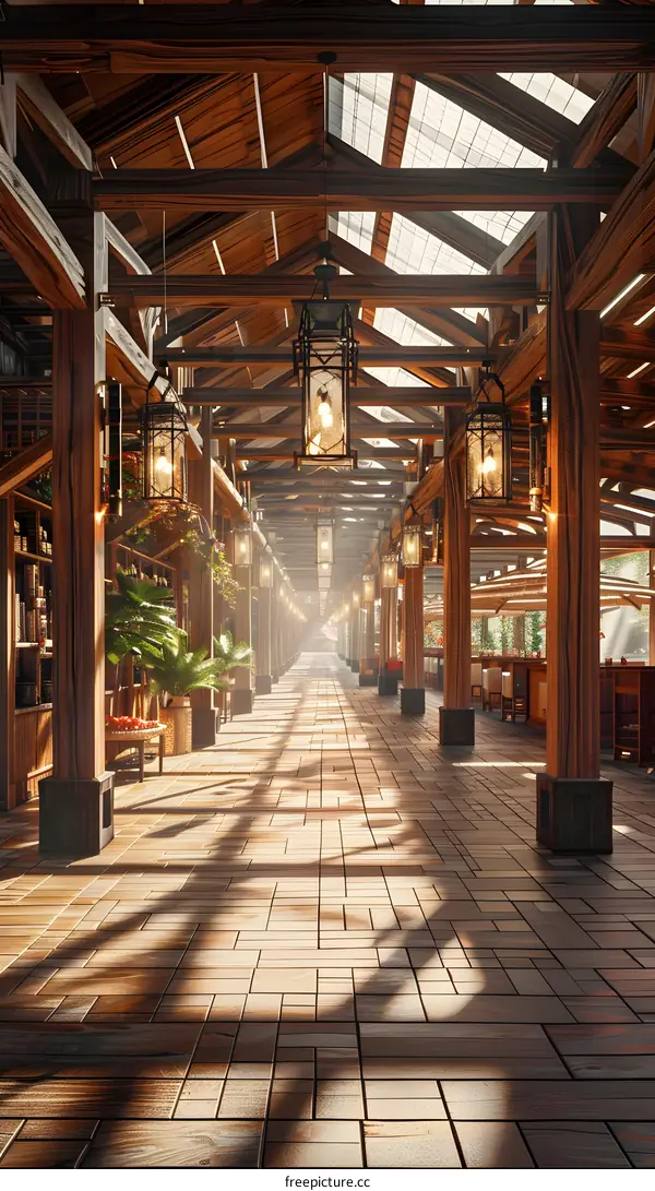 Wooden Ceiling  With Lanterns  And Light Shining Through