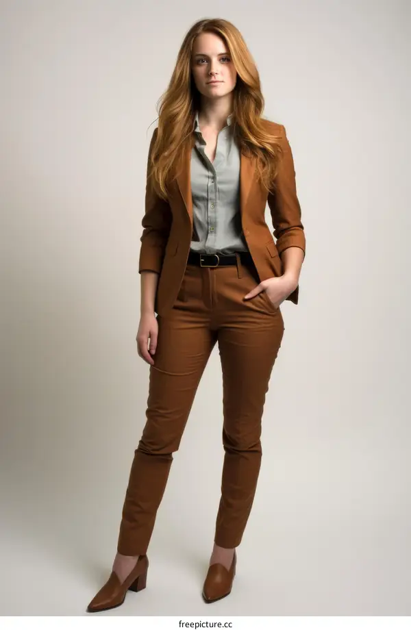 Redhead woman in brown suit
