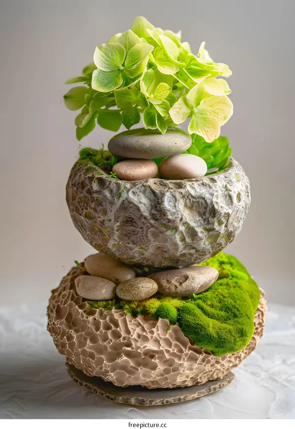 Green Hydrangea Plant in Stone Pot with Moss