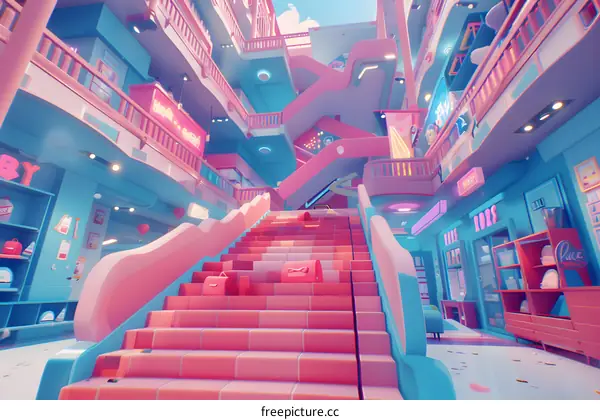 Pink and Blue Retro Mall Interior 3D Illustration