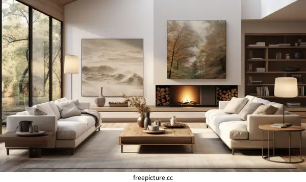 A warm and inviting living room with a fireplace and large windows