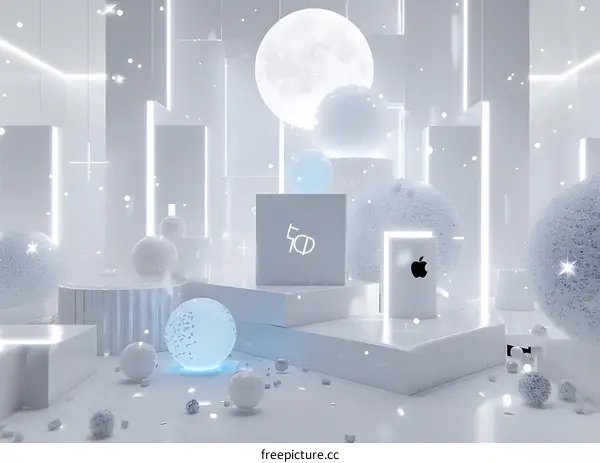 White Abstract 3D Render With Moon And Geometric Shapes