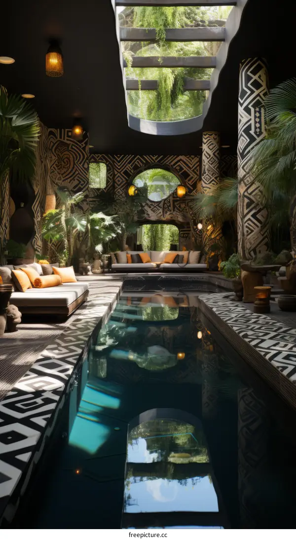 Stunning indoor pool with African-inspired decor