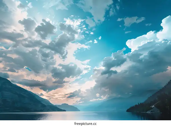 Stunning Blue Sky With White Fluffy Clouds Over Mountains And Lake