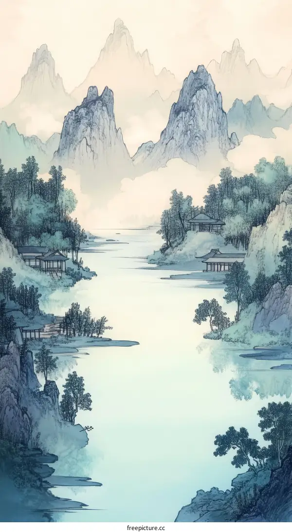 Tranquil Mountain River Landscape Illustration