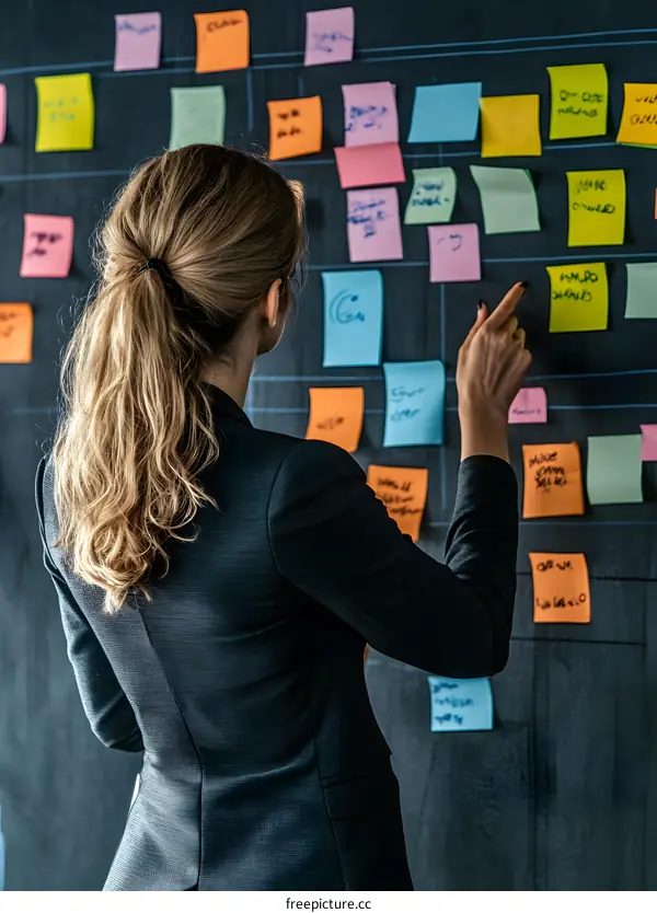 Woman Looking at Sticky Notes on a Wall
