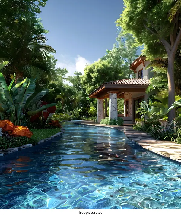 A luxurious villa with a pool in the middle of a tropical rainforest