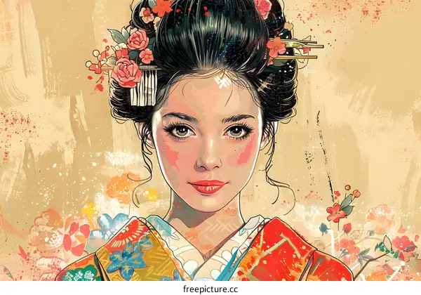 A portrait of a Japanese woman in traditional clothing