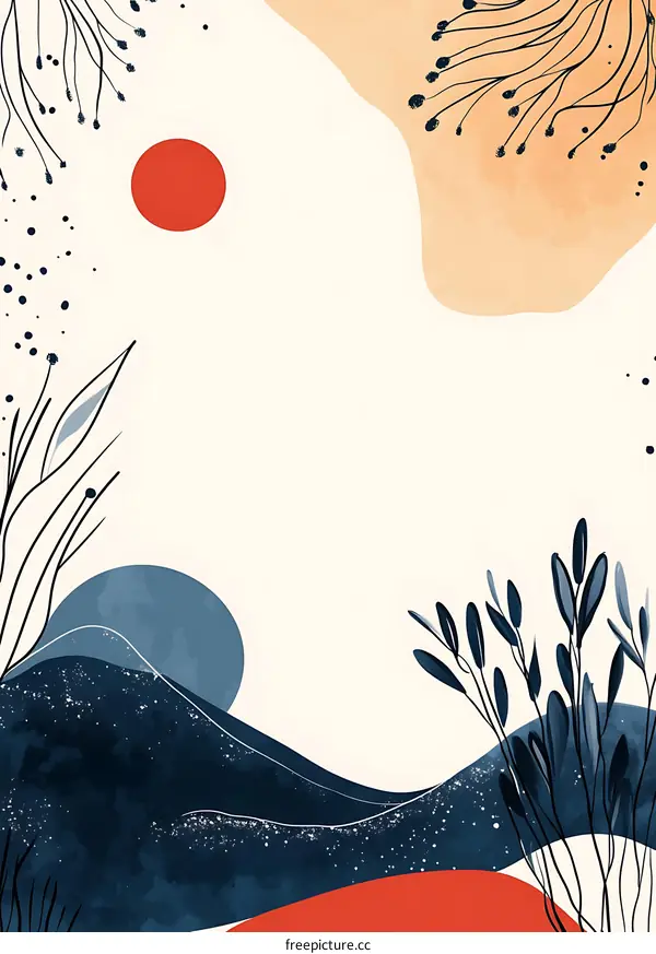 Abstract Watercolor Landscape Illustration with Sun and Plants