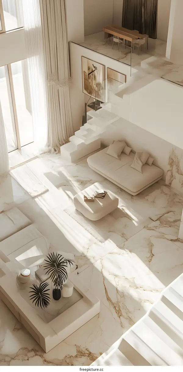 Modern White Living Room with Marble Floor and Sunlight