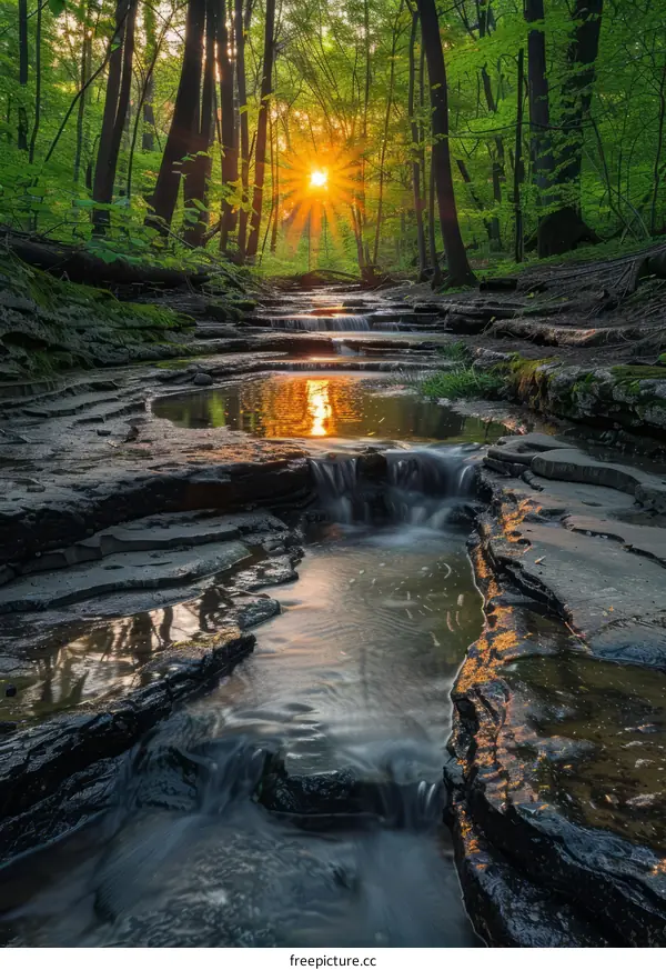 Sunbeams Through Trees Illuminating a Tranquil Forest Creek