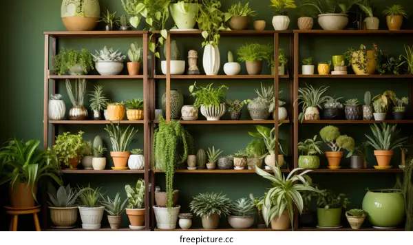 An abundance of indoor plants on wooden shelves against a green wall