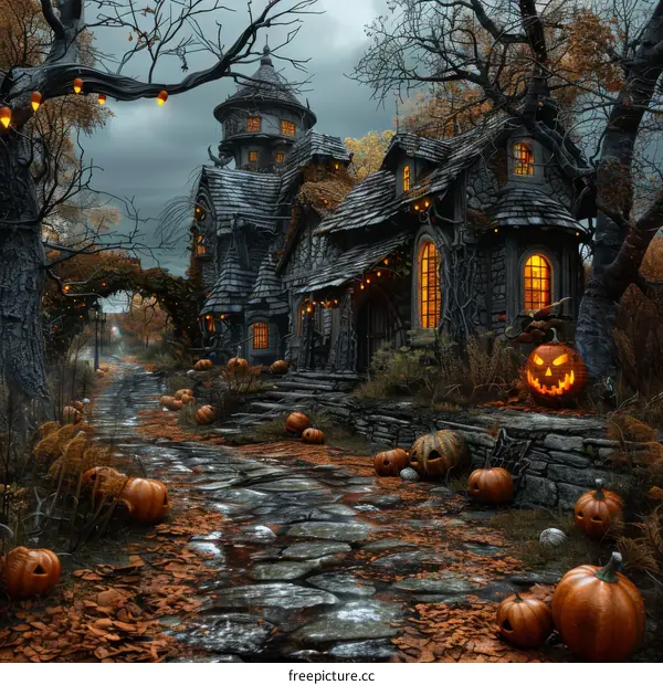 Spooky Halloween House with Pumpkin and Cobwebs