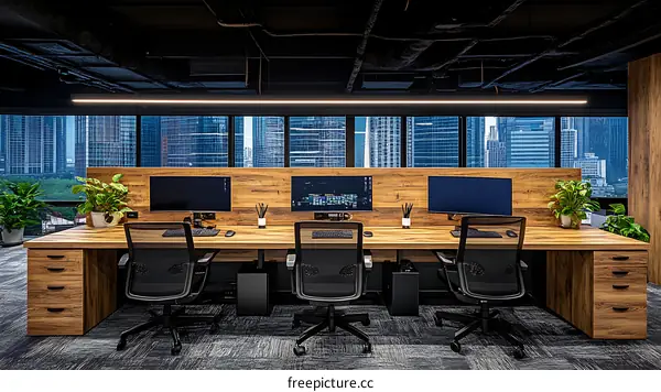 Modern Open Plan Office Workstation with City View