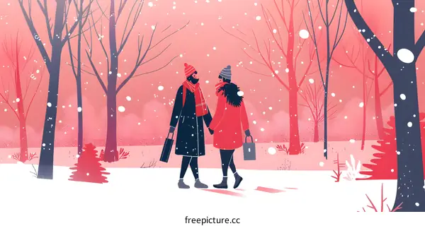 Couple Walking in a Snowy Forest
