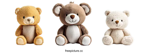 [Transparent Background PNG]Three Soft Plush Teddy Bears on White Background