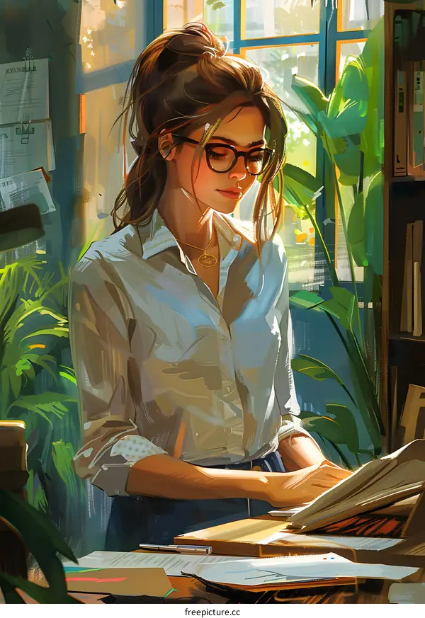 A woman is reading a book in a library.