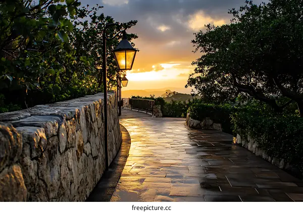 Stone Wall Pathway Leading to Sunset View