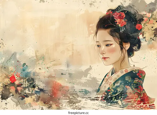 An illustration of a Japanese woman with a flower in her hair
