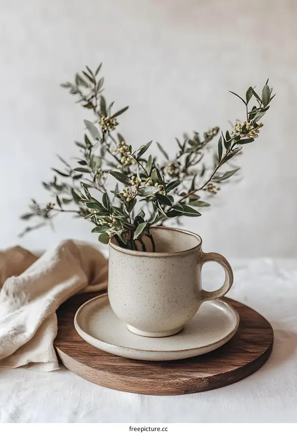 Minimalist Home Decor With Green Plant In Ceramic Mug