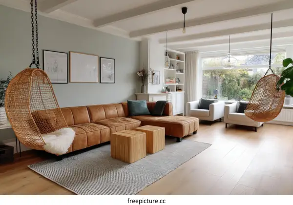 Modern Minimalist Living Room with Hanging Chair