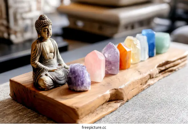 Buddha Statue with Colorful Crystals Display