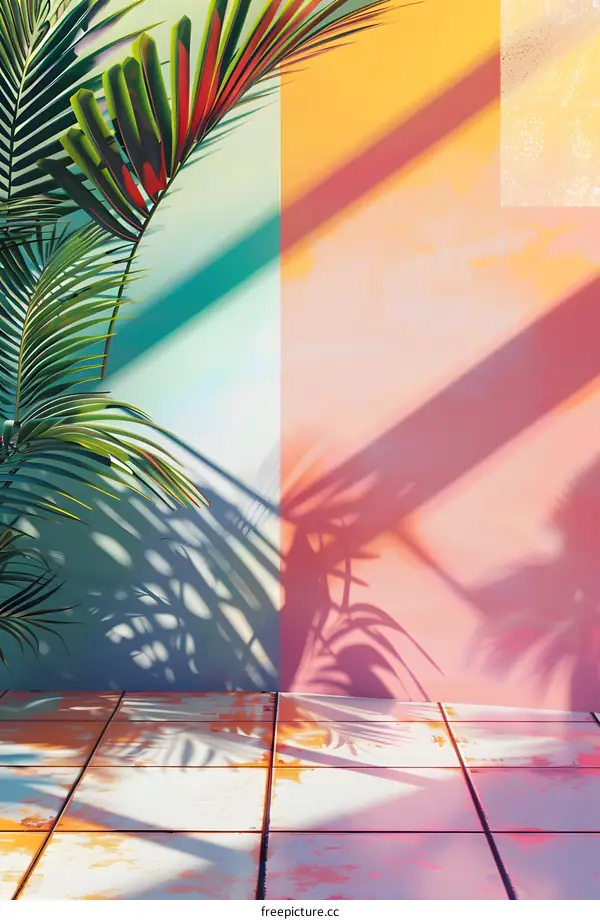 Palm Leaves Shadow On Tile Floor In Tropical Room