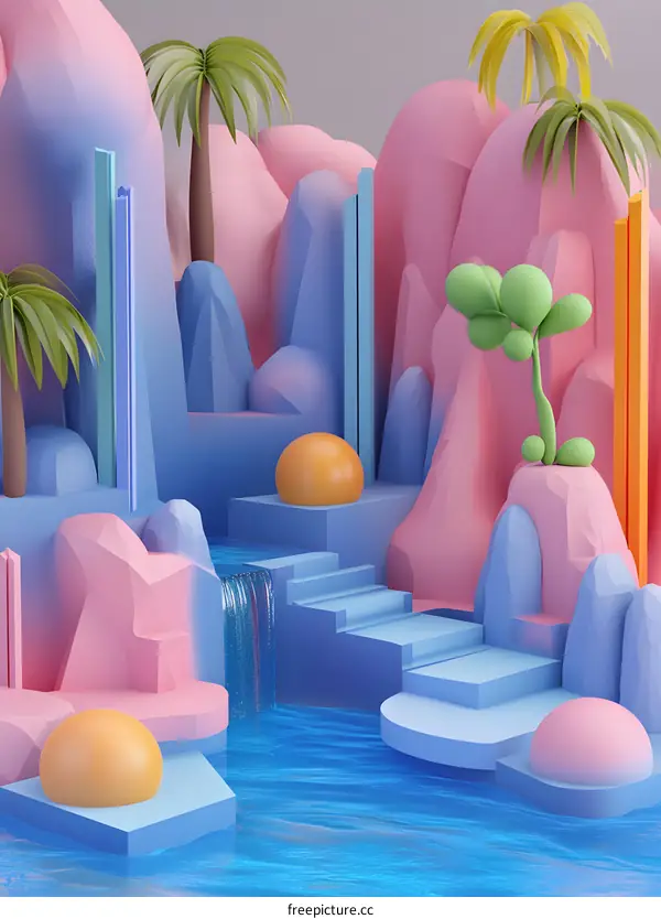 Abstract Landscape with Waterfall and Palm Trees