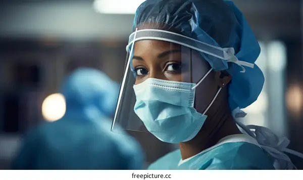 Portrait of a confident female surgeon wearing a surgical mask and face shield