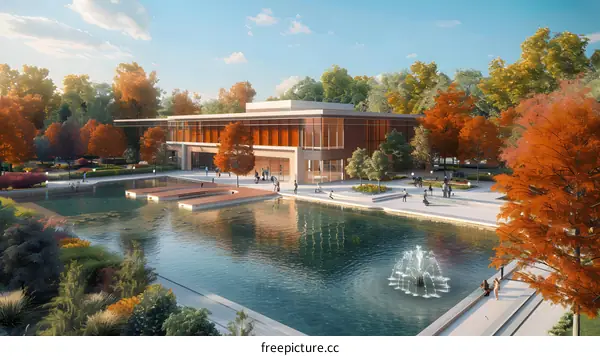 An illustration of a modern office building with a reflecting pool in front of it