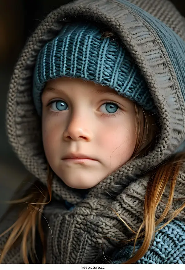 Portrait of a young girl in a blue knitted hat and scarf
