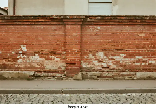 Old red brick wall with peeling paint and cobblestone street