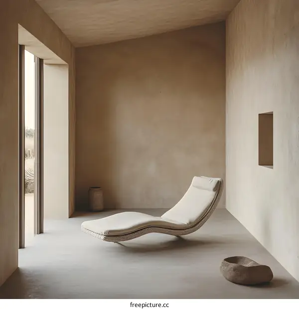 Minimalist Beige Interior Design with a White Lounger Chair