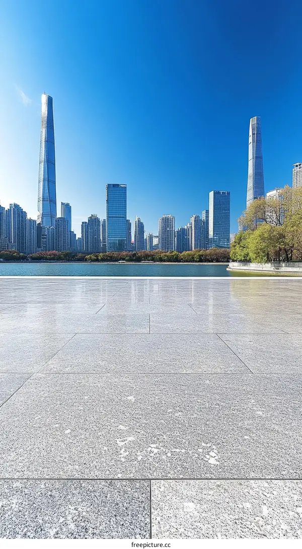 Modern City Skyline with Empty Plaza Floor