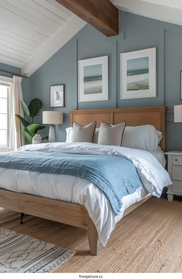 Coastal Farmhouse Bedroom With Blue Walls and White Bedding