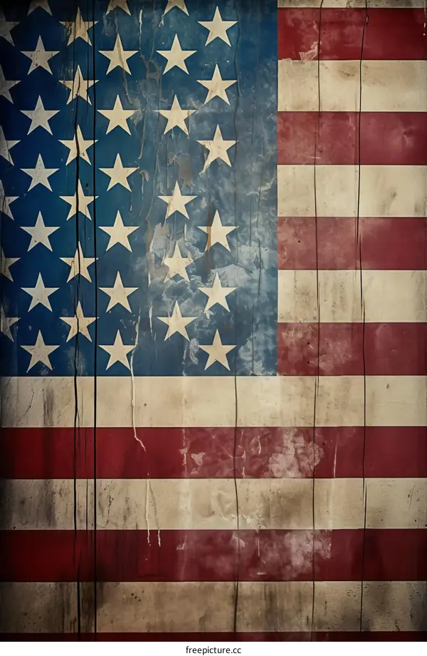 Weathered American Flag on Wood