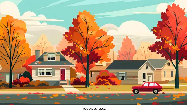 Autumn Scene with Houses and Trees