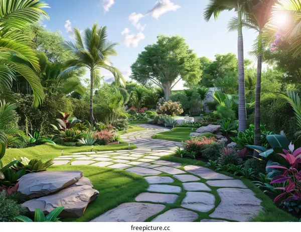 Lush Tropical Garden with Palm Trees