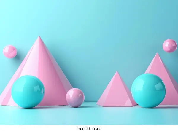 Pink and blue pastel 3D geometric shapes on blue background