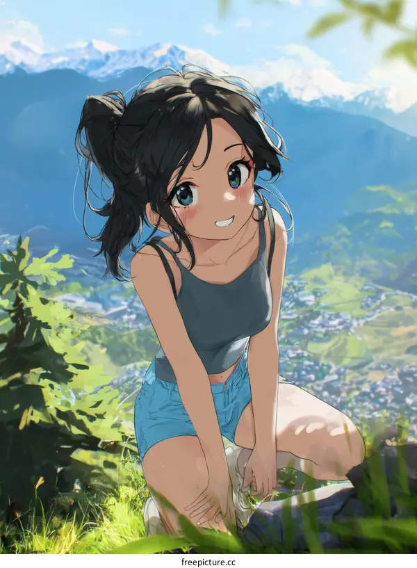 Smiling Girl in a Mountain Landscape Illustration