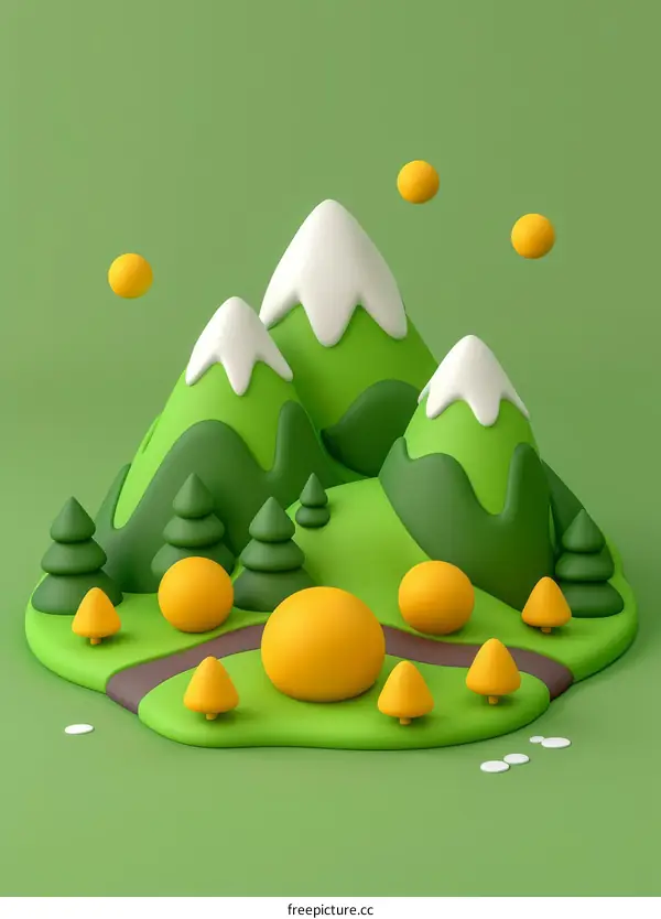 Green rolling hills with snow capped mountains and trees