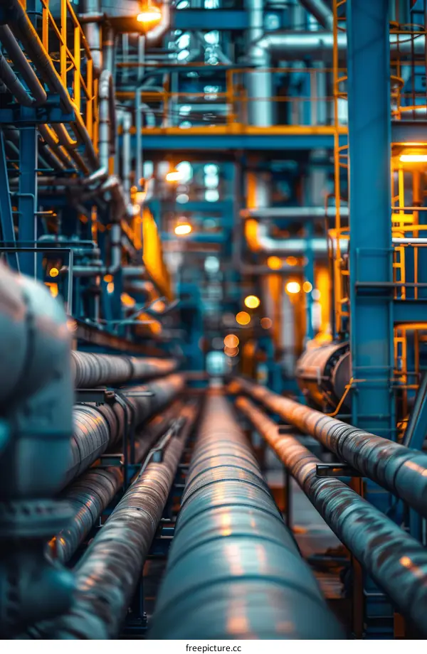 A complex network of industrial pipes and machinery in a factory