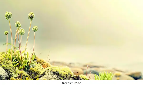 Green Moss on Rocks With Plants Growing Through