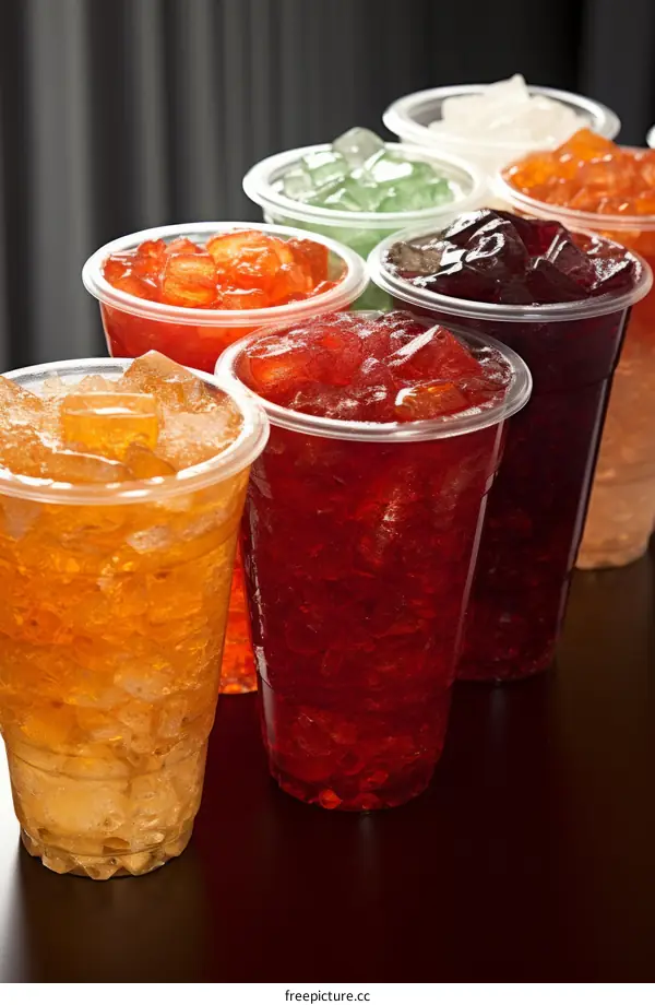 A variety of slush drinks in plastic cups