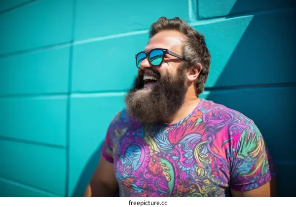 A Bearded Man Wearing Sunglasses Smiles Against a Blue Wall