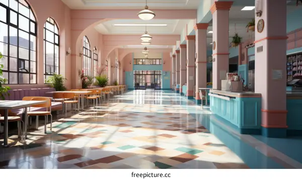 Pink and blue retro cafeteria with large windows